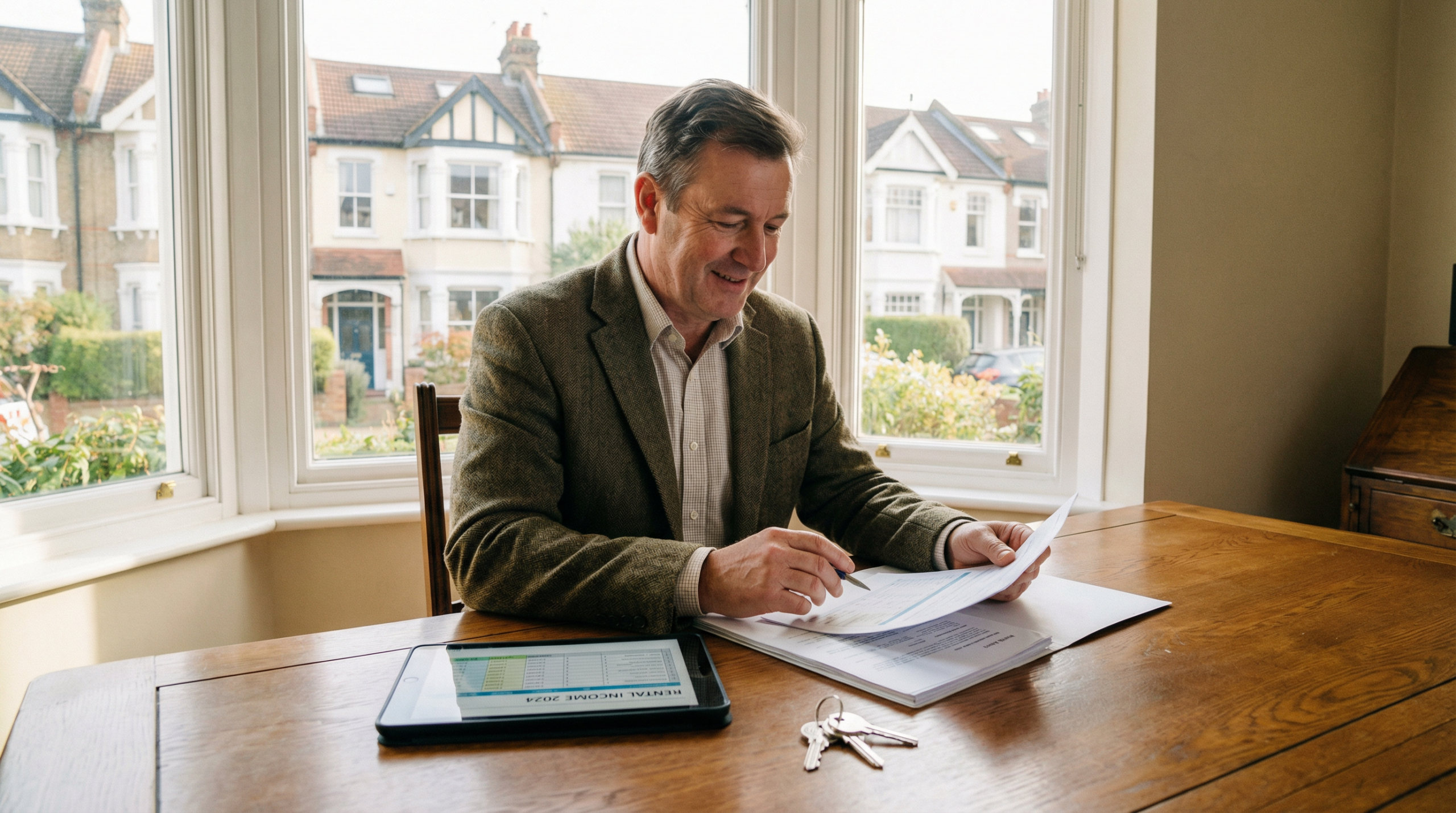 UK private landlord reviewing council letting scheme paperwork at a desk with property documents