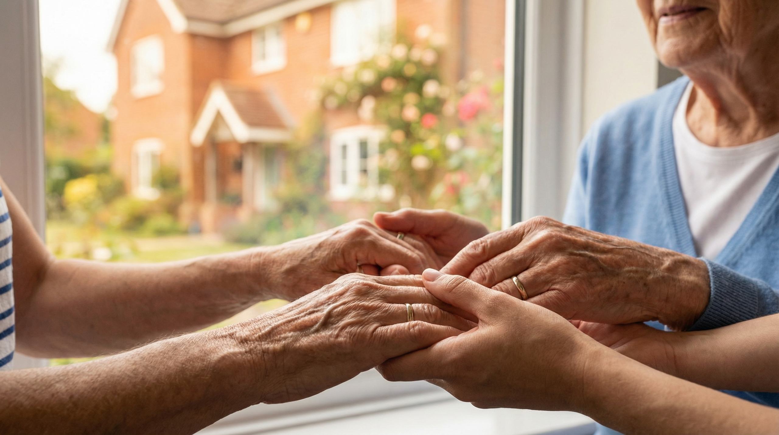 Family hands with British home in background