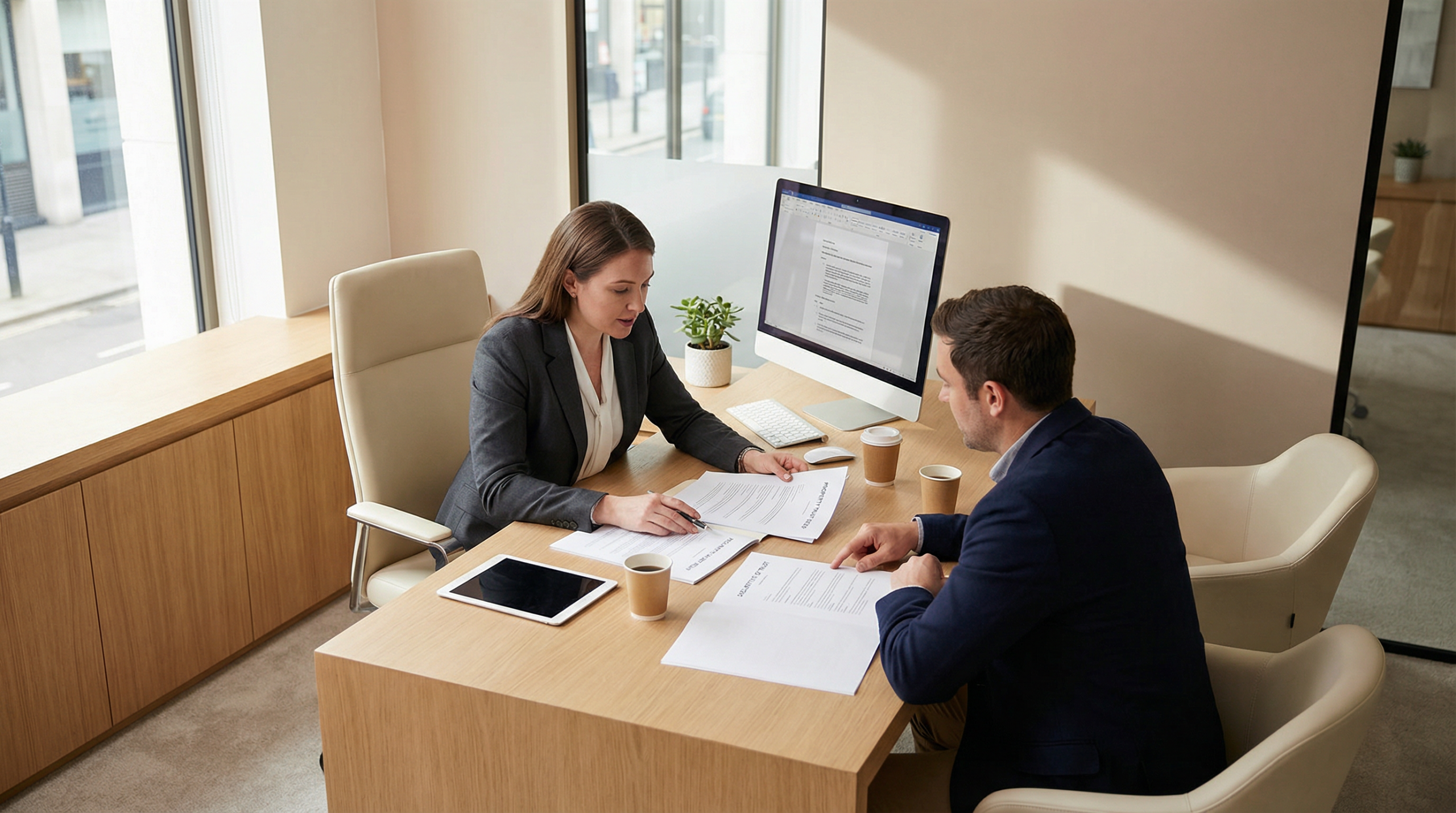 Solicitor reviewing trust documents with client