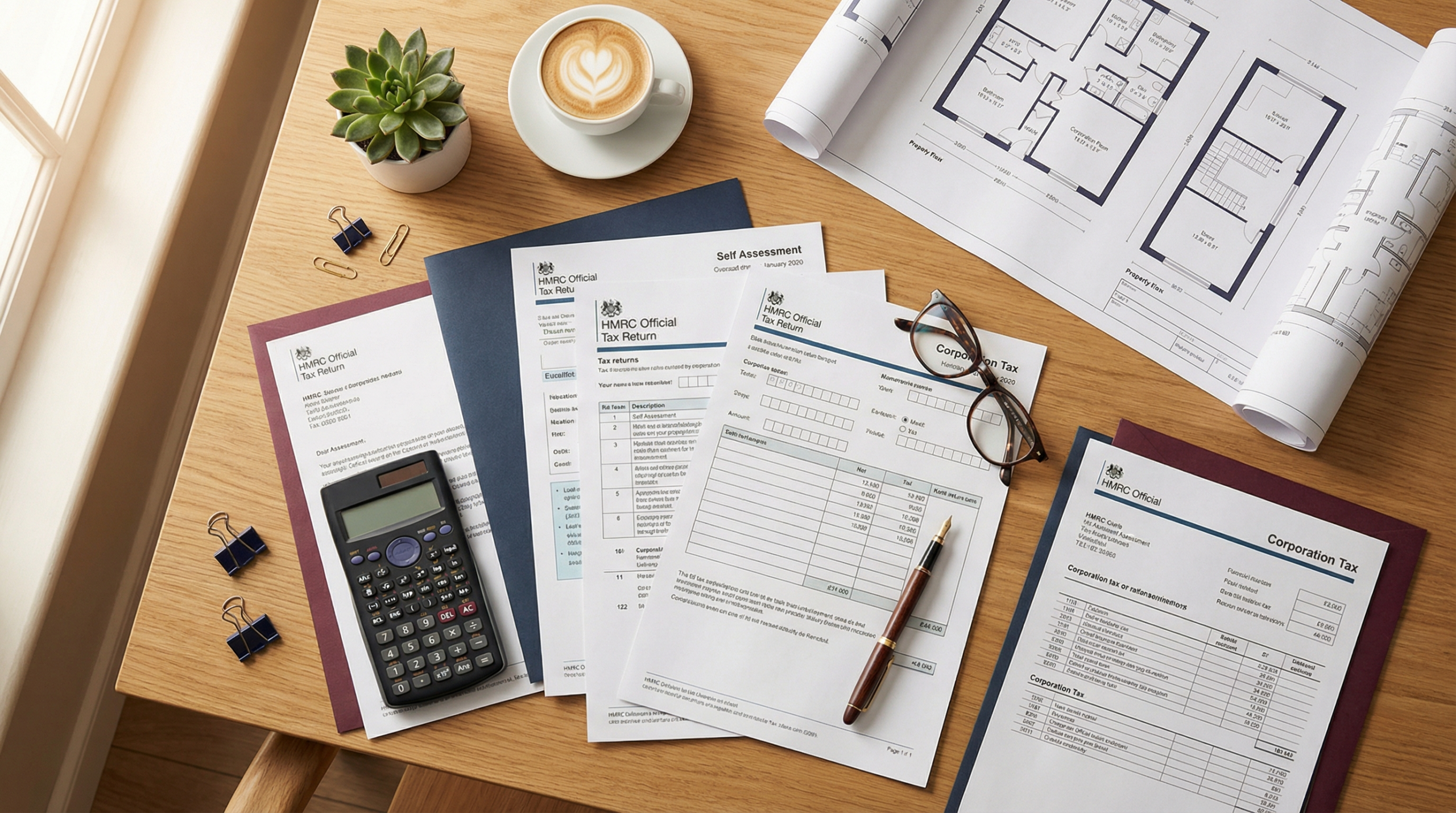 Tax documents and property floor plans on desk