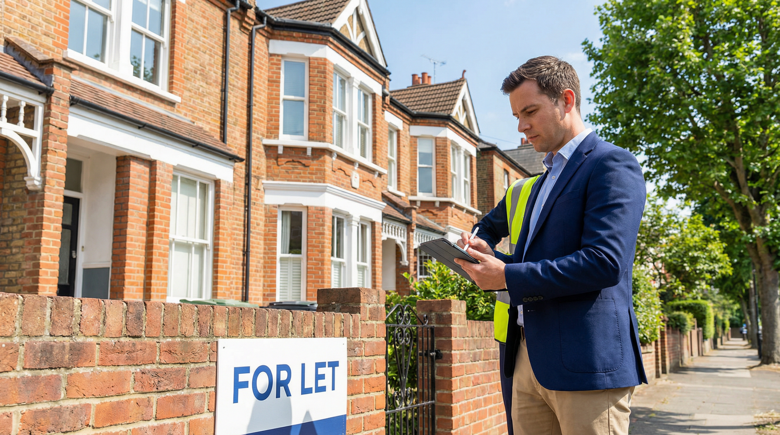 Property surveyor evaluating a London home exterior with a tablet device