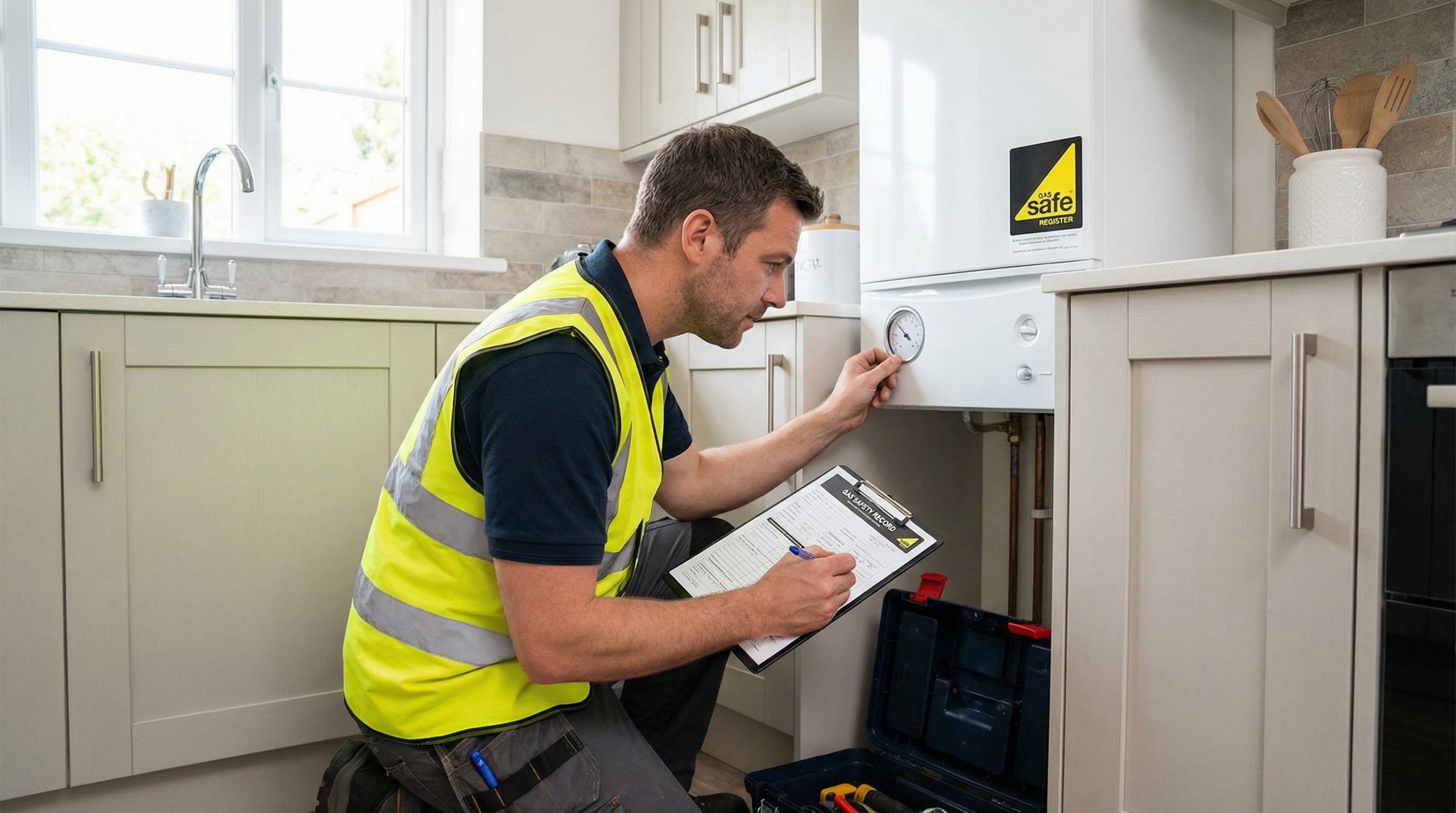 Gas safety engineer inspecting a boiler in a residential property with clipboard