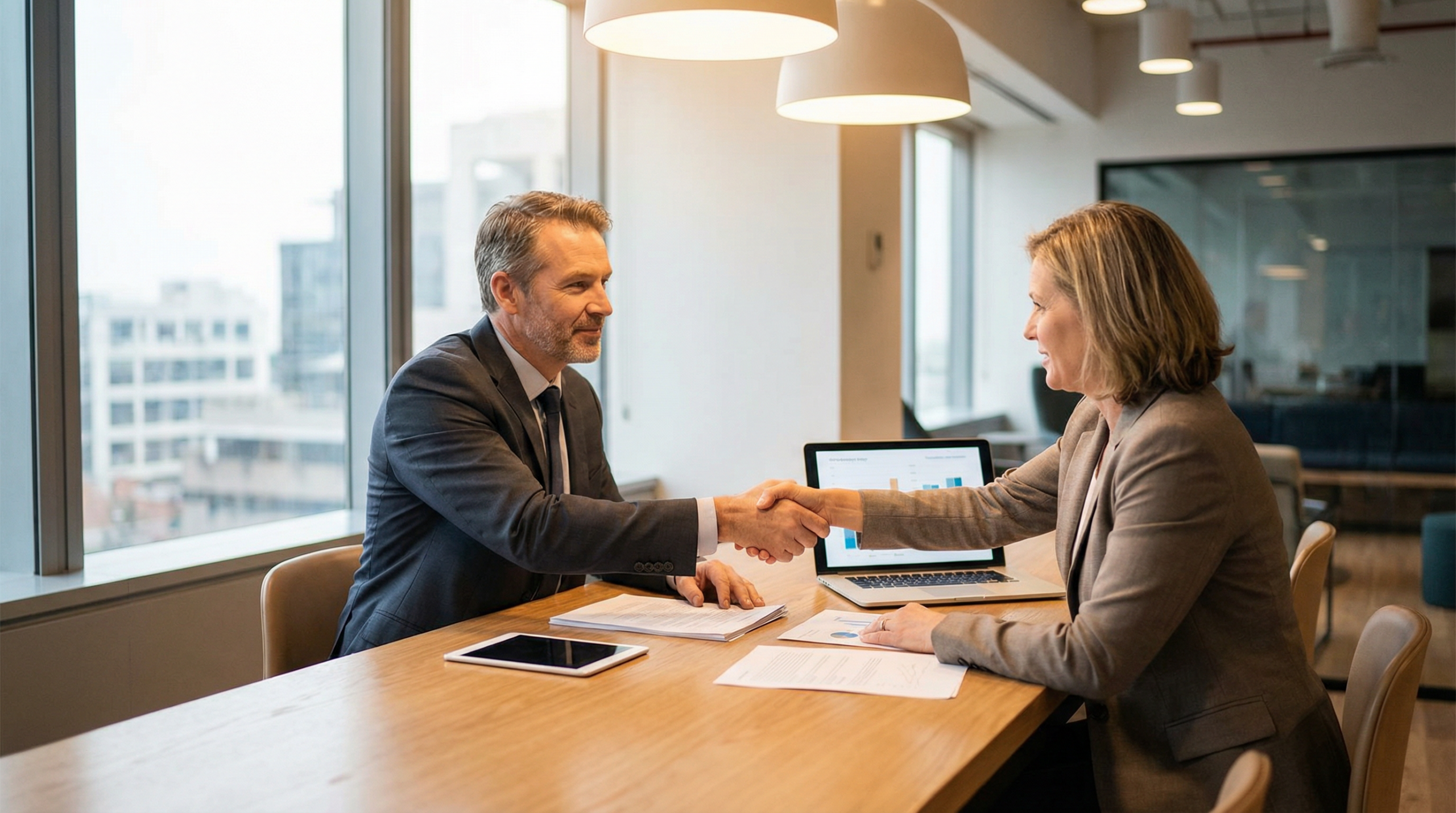 Landlord meeting with a property management consultant in a modern office