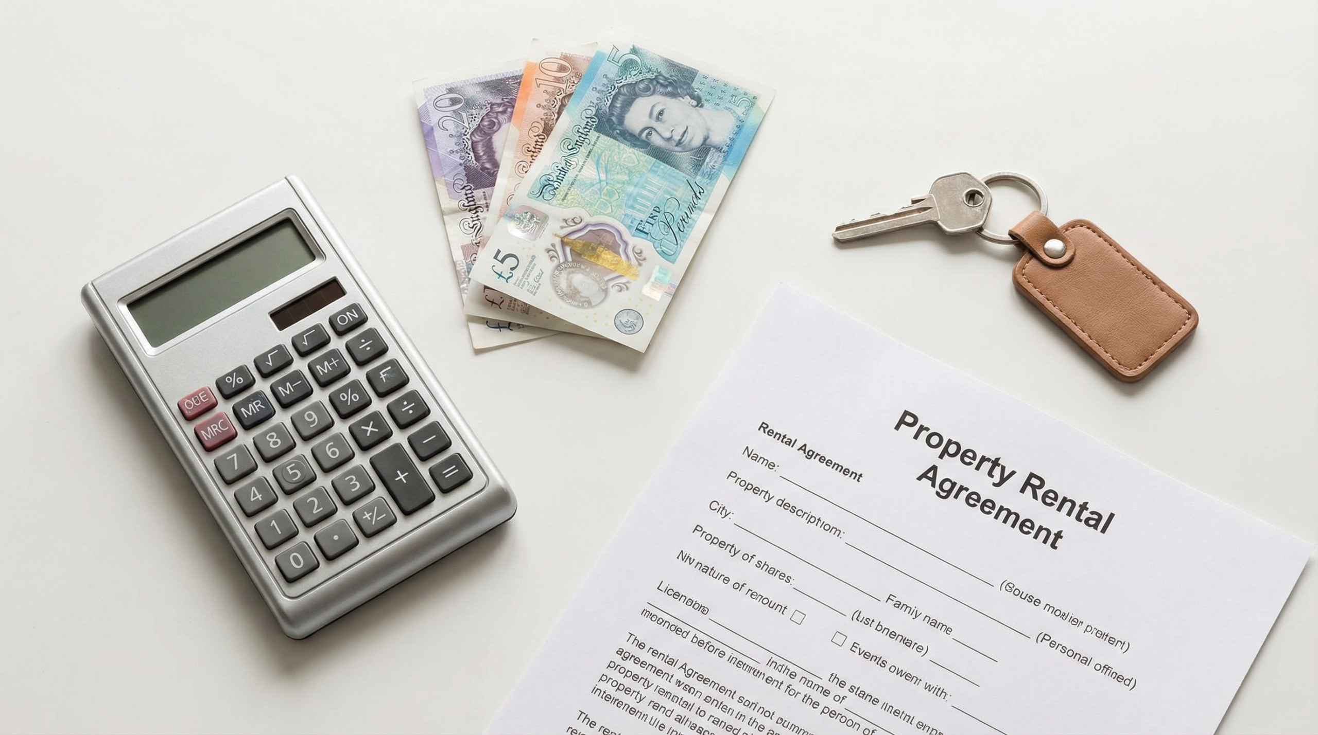 Calculator, British pound sterling banknotes, house key, and rental agreement on a desk