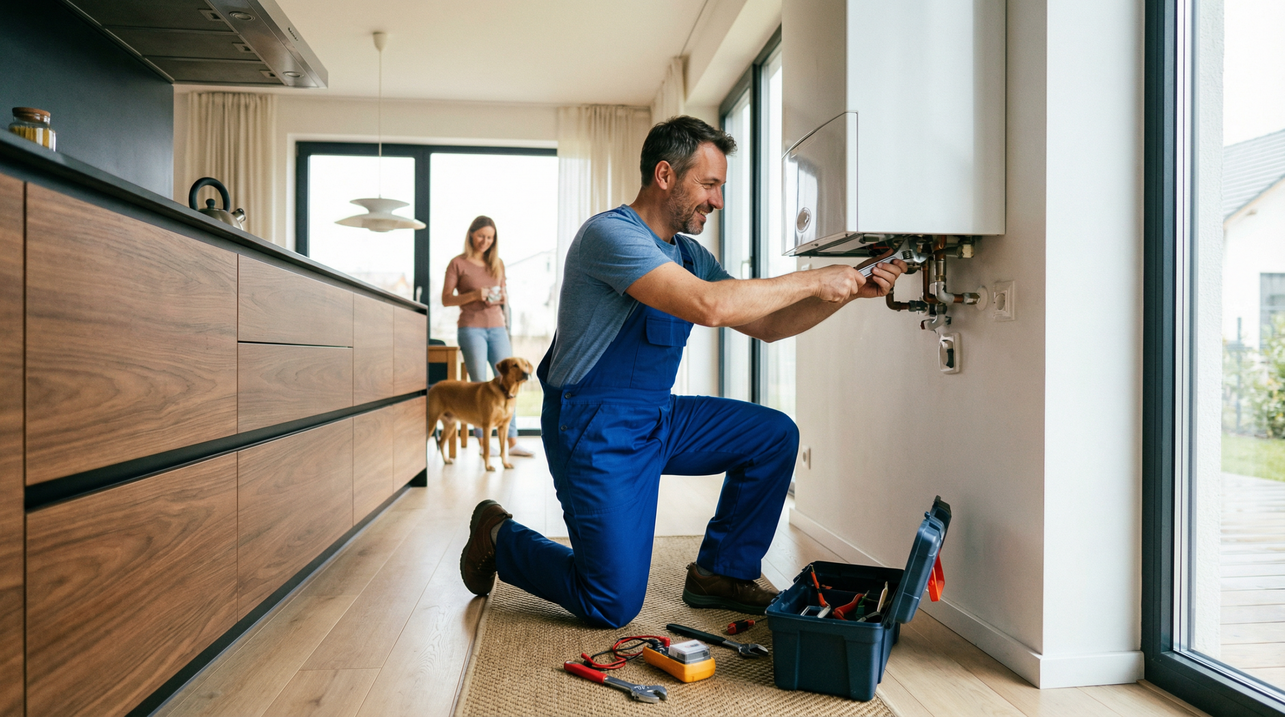 Maintenance worker repairing a boiler in a modern apartment kitchen