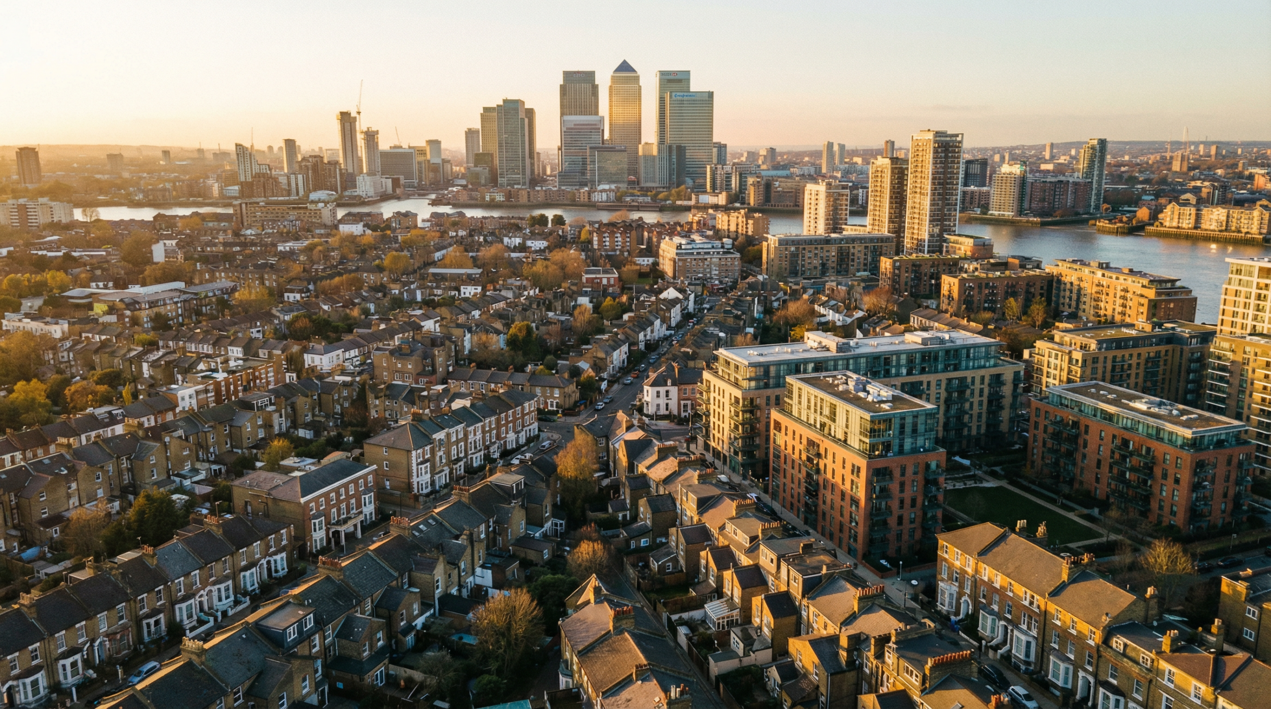 Aerial view of London residential skyline with Victorian houses and Canary Wharf in background