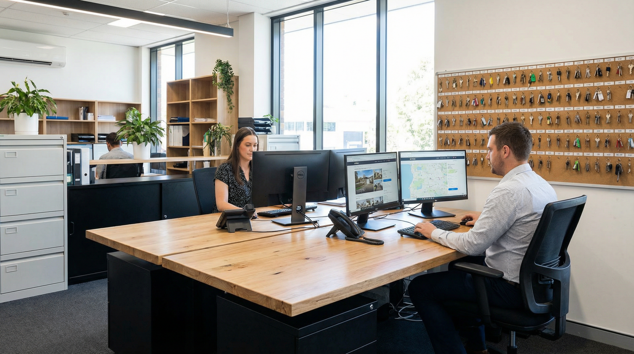 Professional property management office with staff at desks and property keys on wall