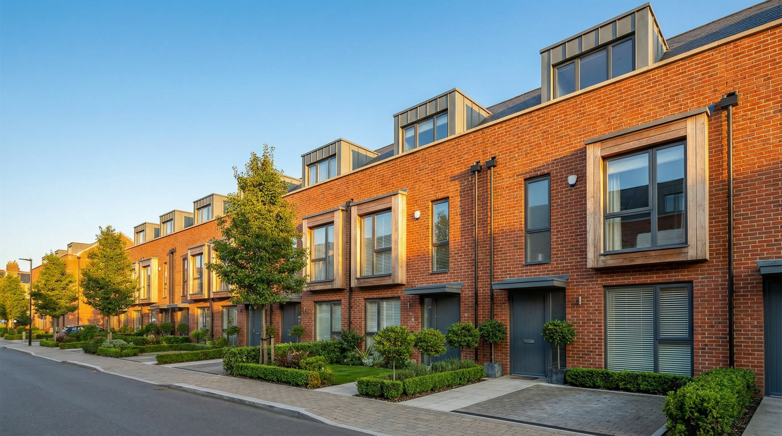 Row of modern London terraced houses with red brick facades and neat front gardens