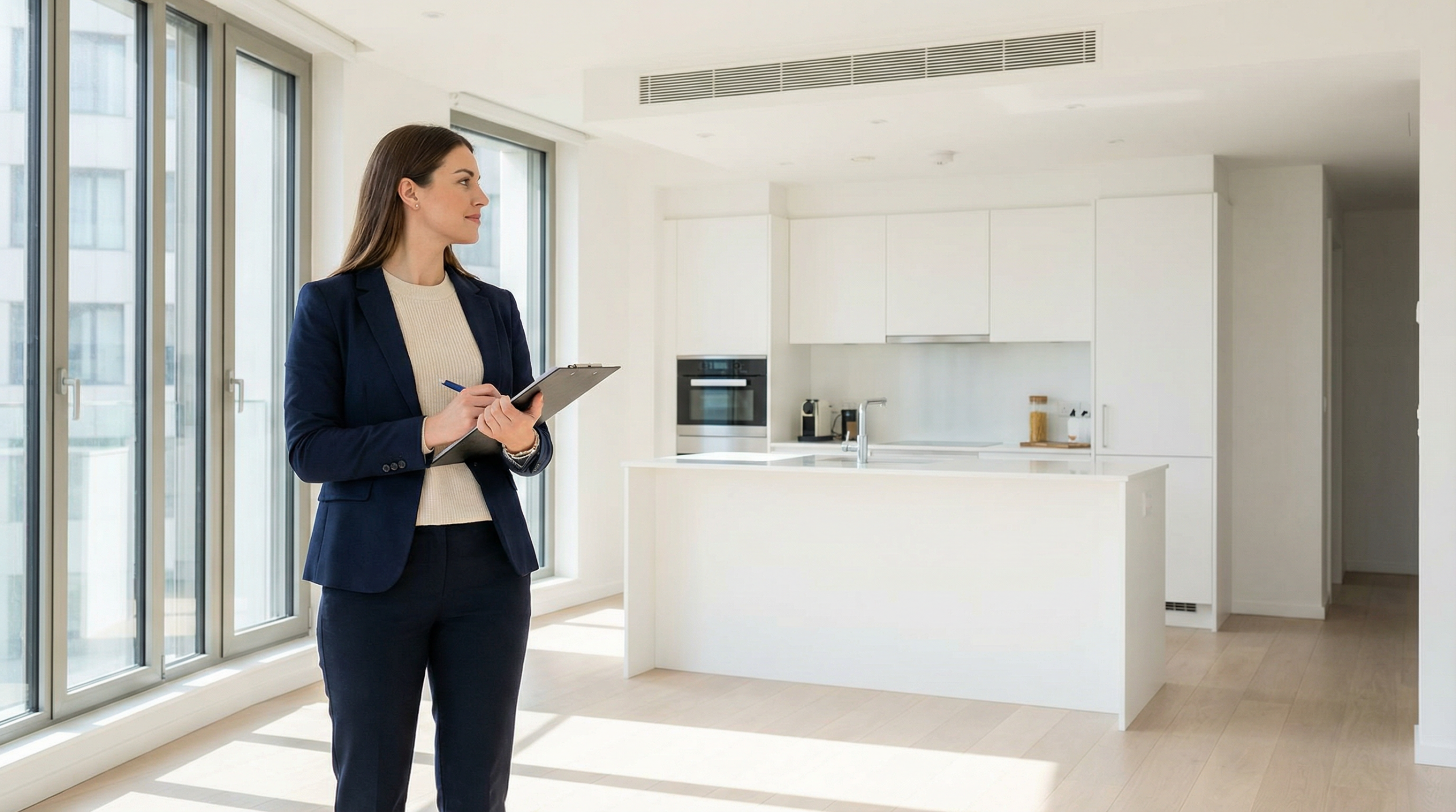 Property manager conducting a home inspection inside a bright modern apartment
