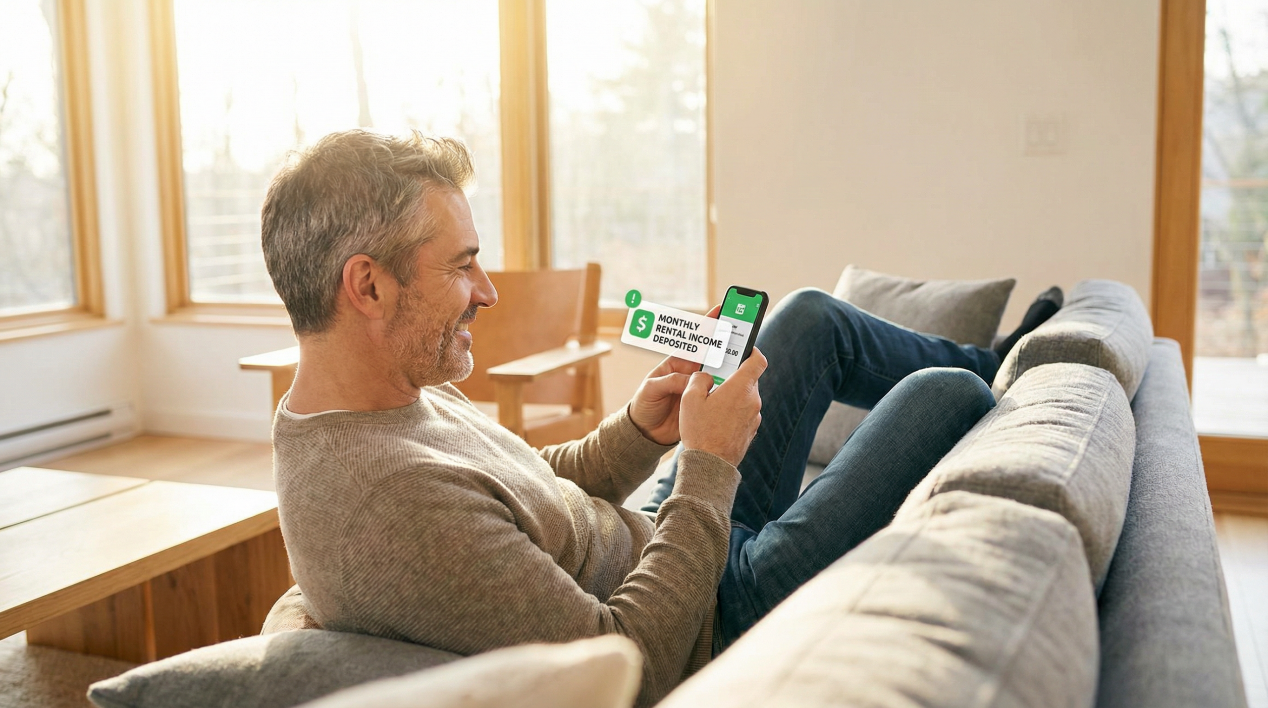 Happy landlord relaxing on a sofa while checking rent payment on his phone