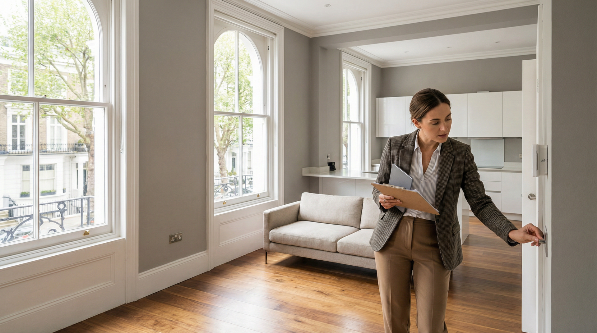 Professional property manager conducting a property inspection with clipboard in a modern London flat